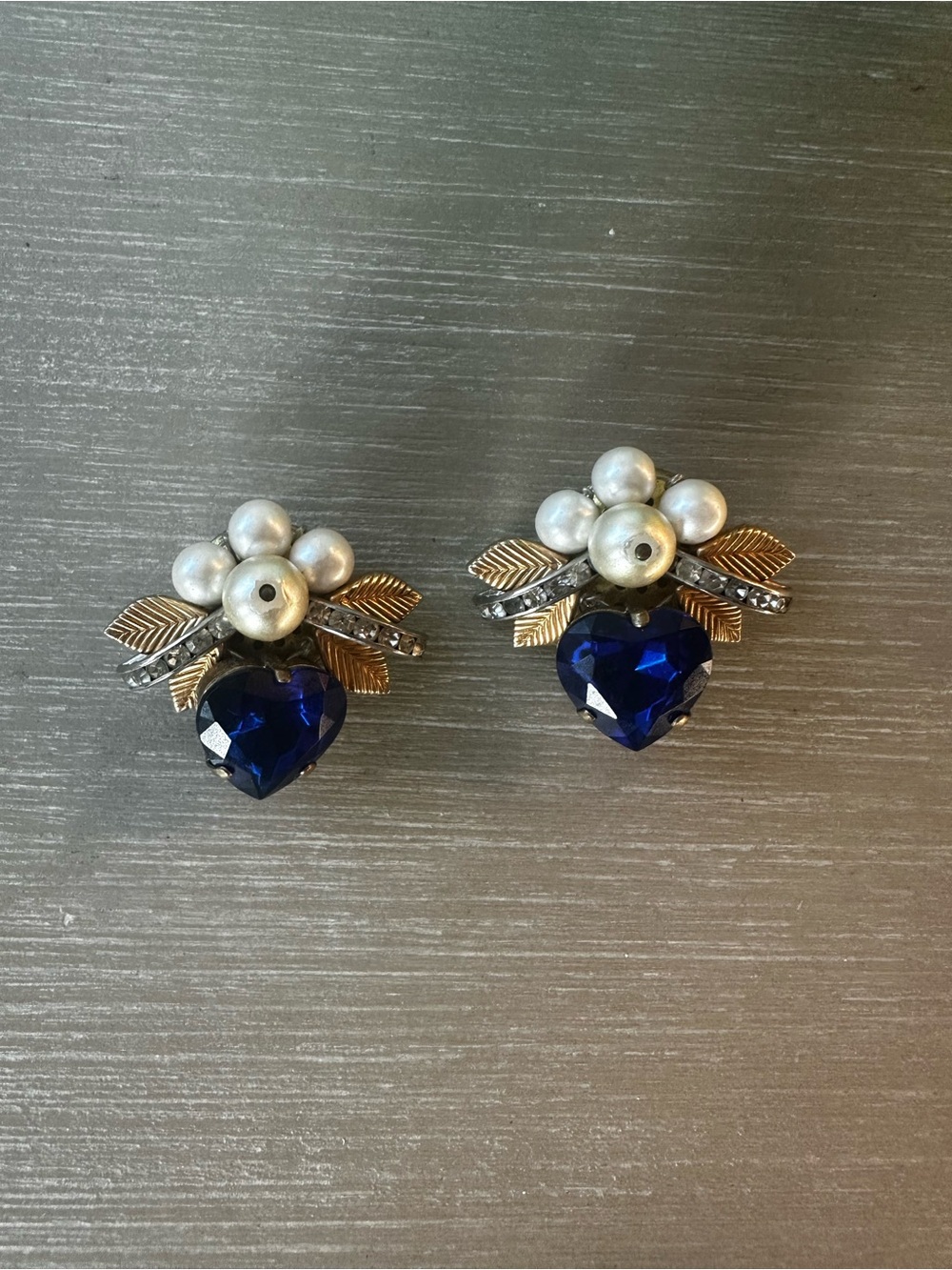Vintage clip on  sapphire Blue Crystal Heart Floral Drop Earrings